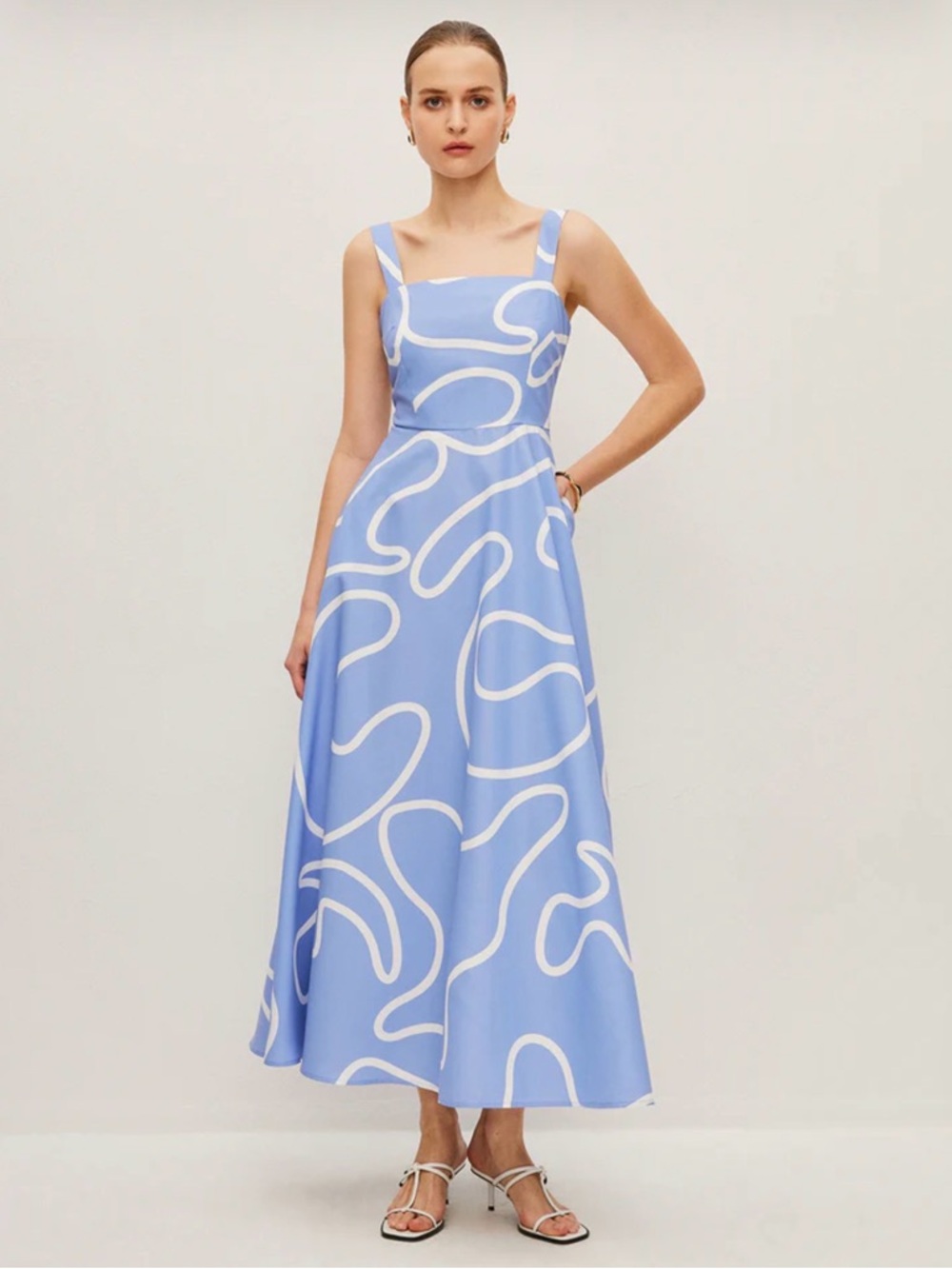 COMMENSE Abstract Line Print Square Strap Dress, Size XL, EUC